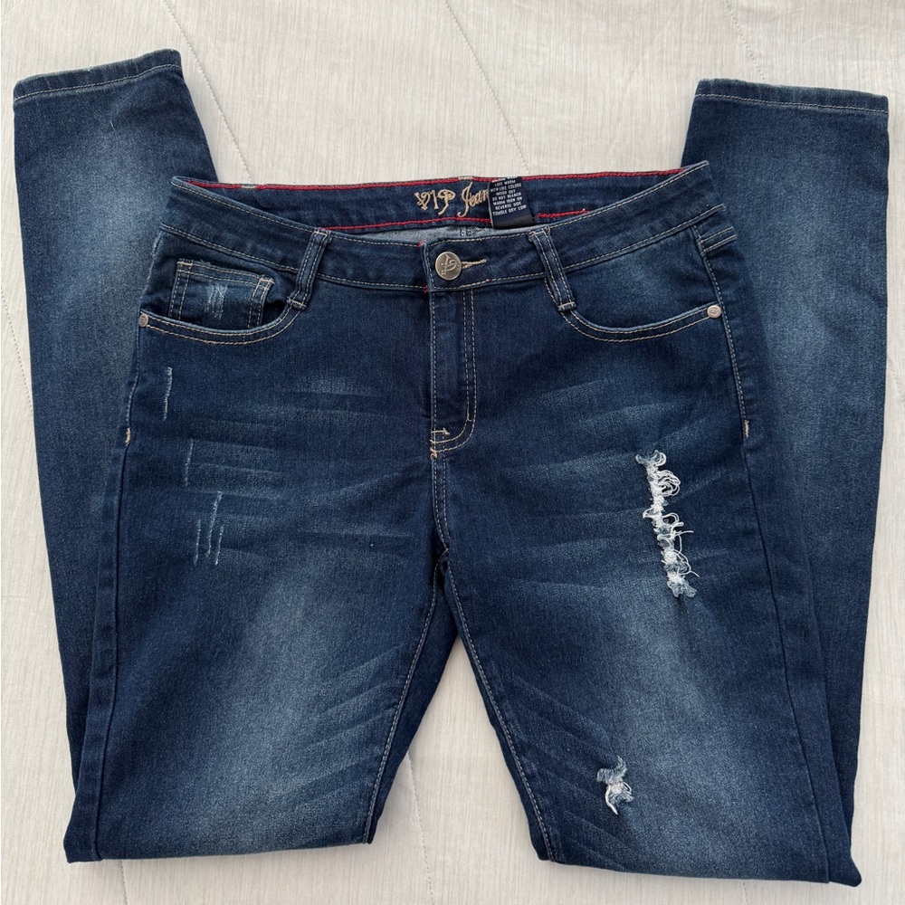 Sz 11/12 VIP Jeans, Distressed Dark Denim, Soft & Skinny Leg, 4 pocket
